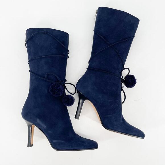 Jimmy Choo Retro y2k Navy Blue Suede Pom Pom Tie Mid-Calf Heeled Boot IT 37.5 - Picture 3 of 12
